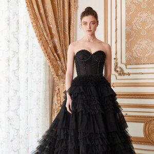 NEW LONG OFF THE SHOULDER SLEVELESS BALL GOWN WITH RUFFLED SKIRT & ZIP AL A1017
